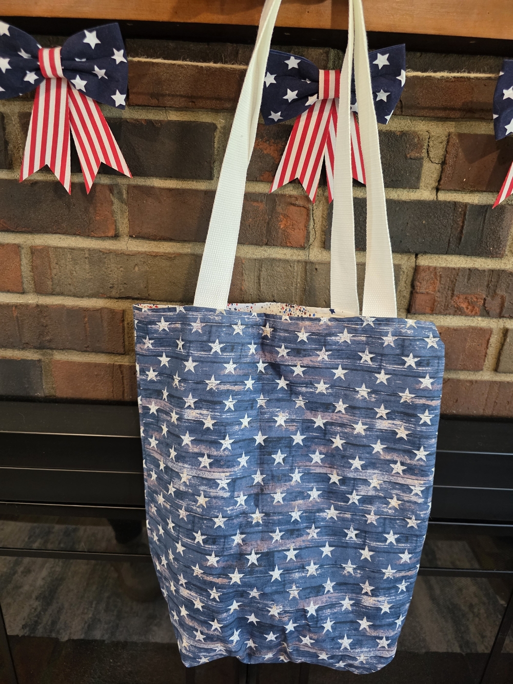Patriotic Blue Star Print Tote Bag with White Straps